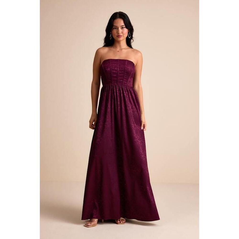 Lulus Venita Plum Floral Jacquard Satin Bustier Maxi Dress Purple - Size XS